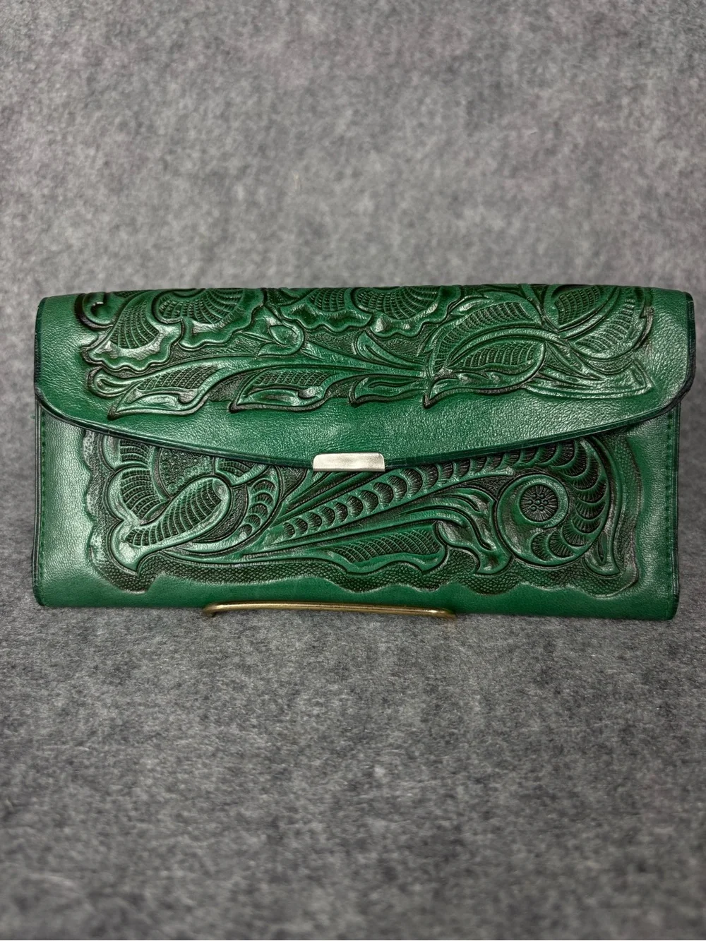 Vintage Green Tooled Leather Floral Western Wallet
